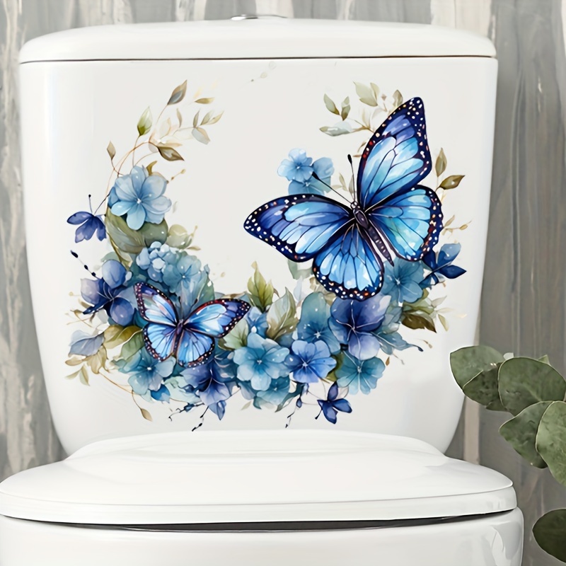 

1pc Butterfly Floral Toilet Lid Decal, Bathroom Stickers, Plastic Home Decor Wall Decals, Window Clings, Charming Blue Butterflies And Flowers Adhesive Decor For Home Use