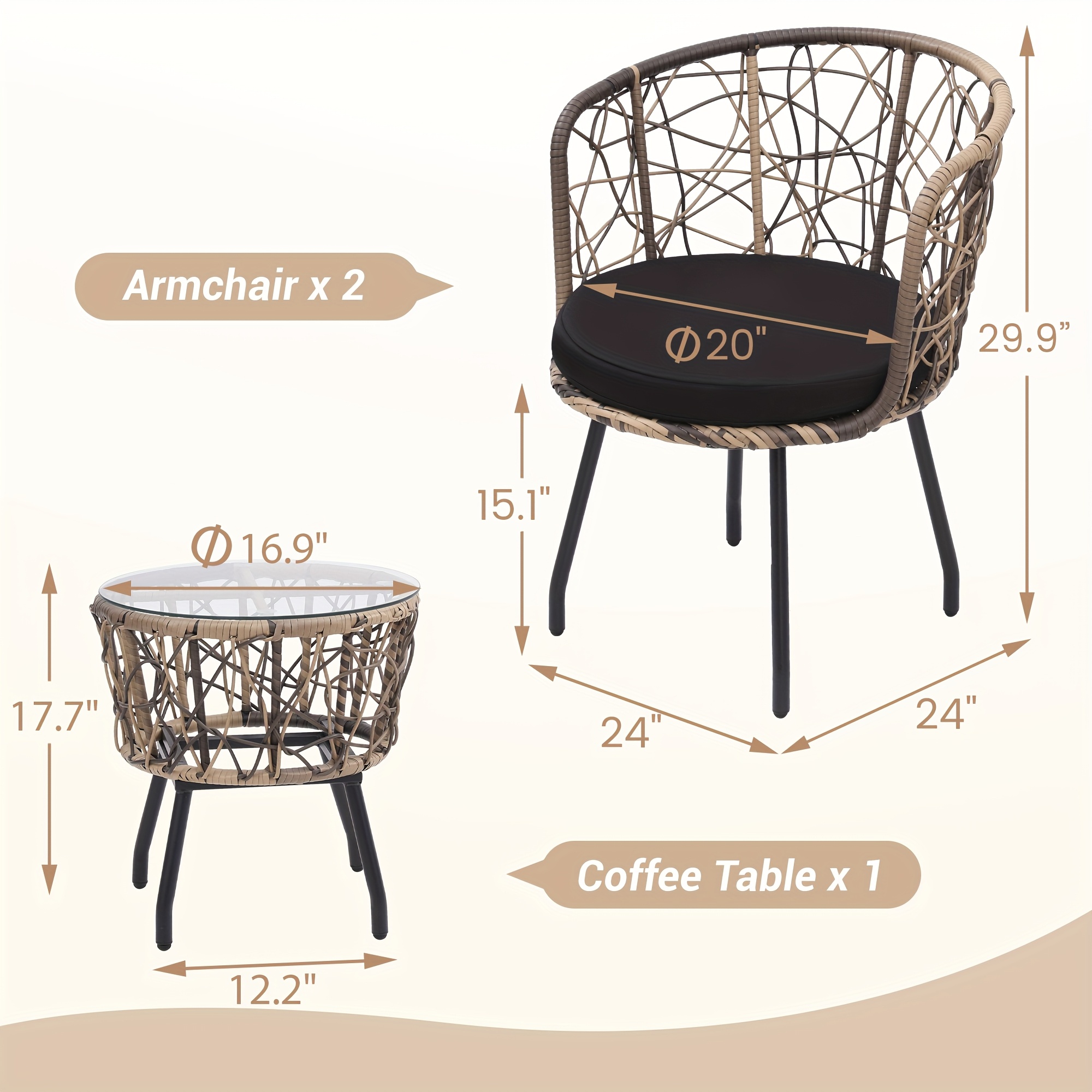 3pcs Bistro Set, Modern Furniture with Tempered Glass Table Top, 2 Chairs, Outdoor Wicker Patio Set, Washable Cushions,