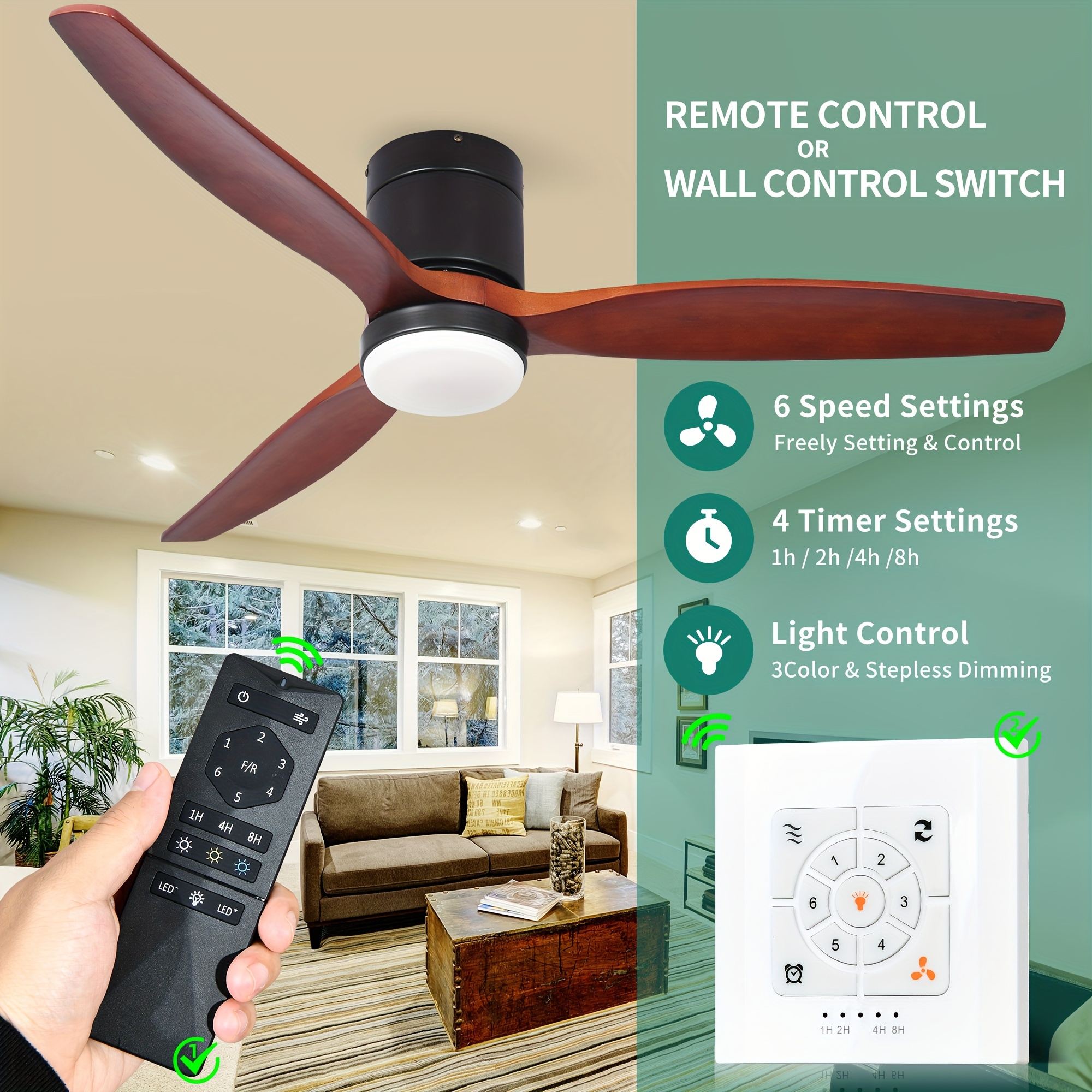

Dwvo Low Profile Ceiling Fan With Light And Remote, Flush Mount Fan Light With Quiet Dc Motor, 3 Colors Light Changing, 6 Speed, Reversible Airflow For Outdoor Indoor, Black & Walnut, 60 Inch