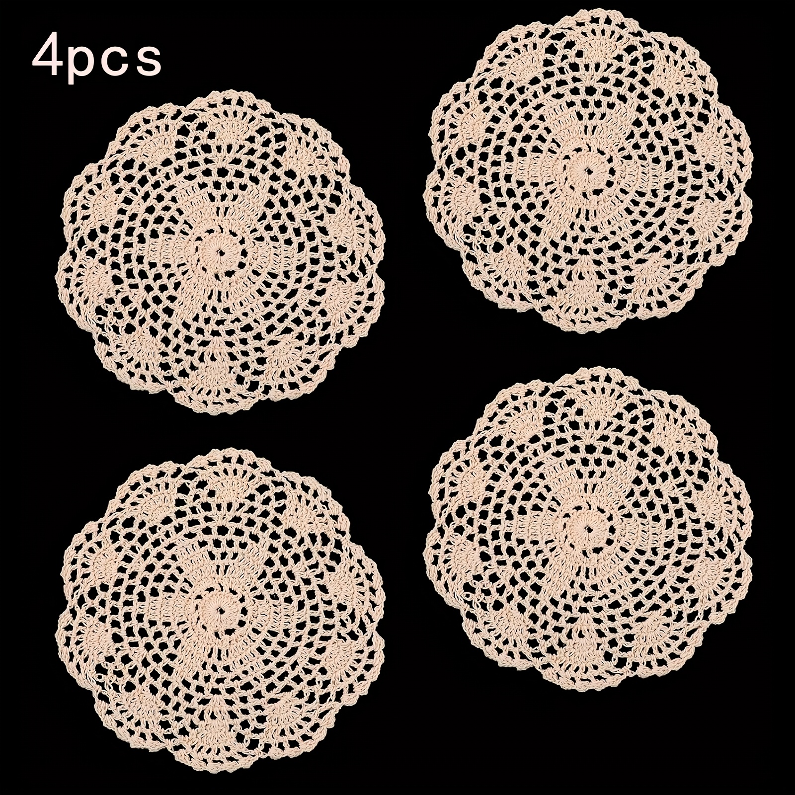 Image of Set Of 4 Round Vintage Crochet Doilies Made Of Cotton, Perfect For Table Placemats, Knitted Tablecloth Crafts, And Food Presentation With A Corrugated Edge