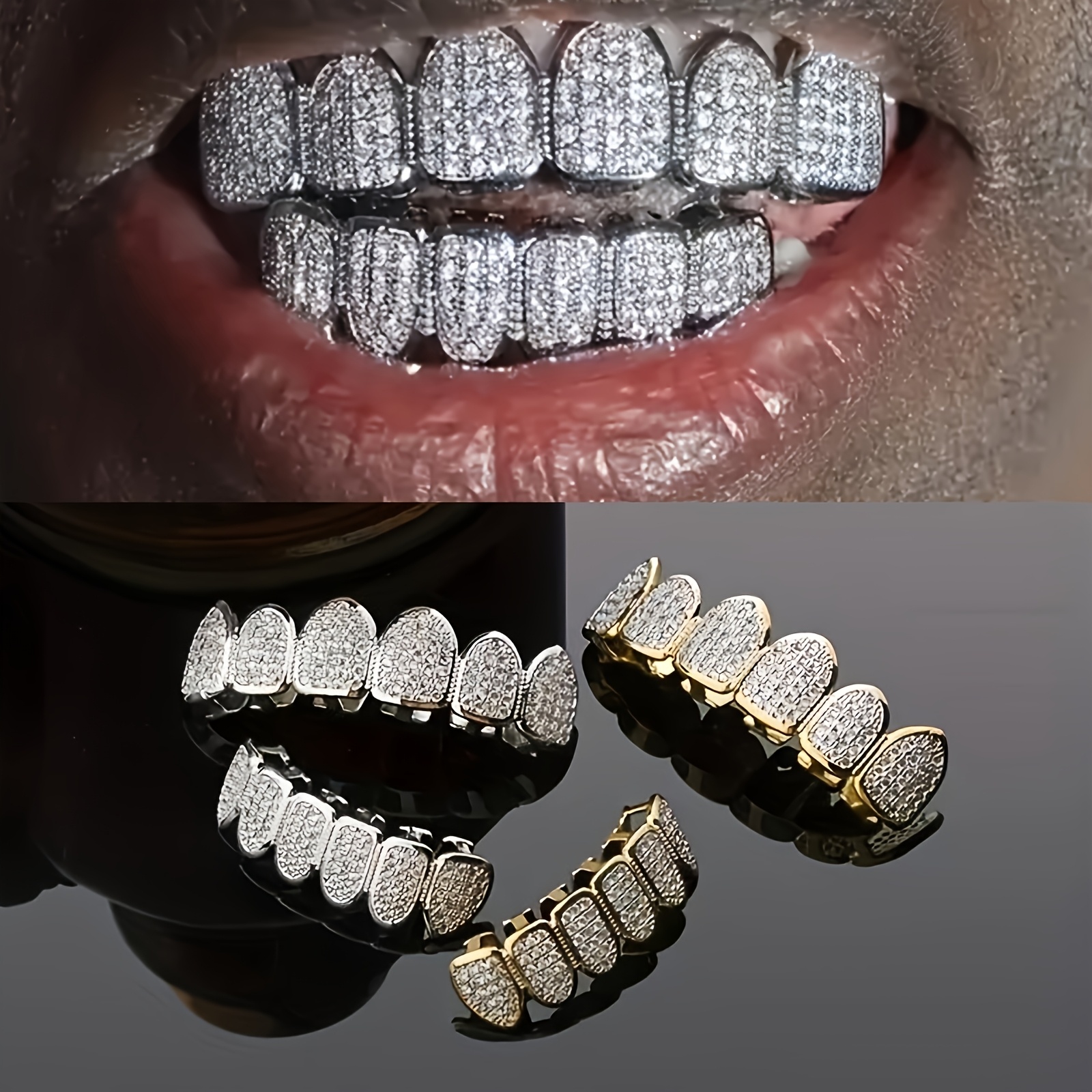 1 set   models niche quirky denture sets   full of synthetic synthetic zirconia punk style   up cosplay big golden teeth jewellery suitable for   party gifts