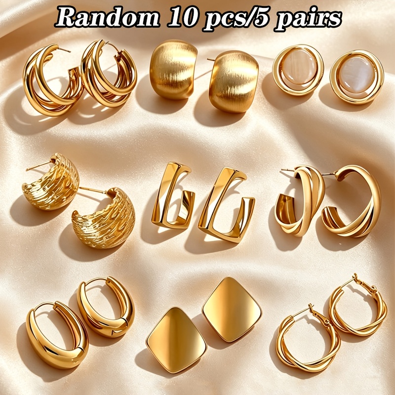 TEMU Random 10pcs/5 Pairs Retro Premium Golden Earrings Set, Geometric Twisted Earrings, Excellent Texture And Fade-resistant, Daily Commute Date