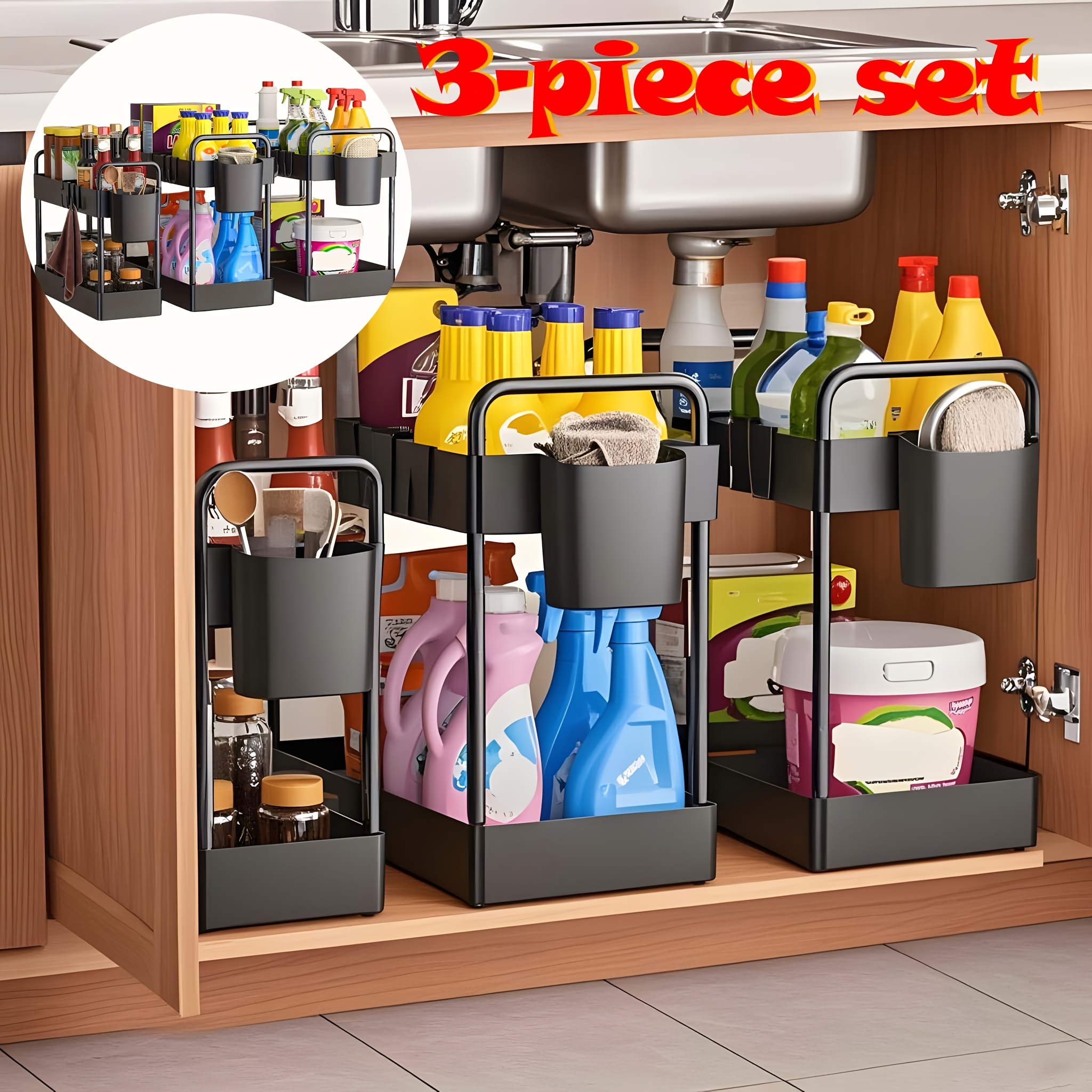 TEMU 3pcs Set Of Household Sink Storage Rack, Kitchen And Bathroom Storage Organizer, Cabinet And Sliding Drawer, Bathroom Cabinet Organizer, Suitable For Home Kitchen And Bathroom,