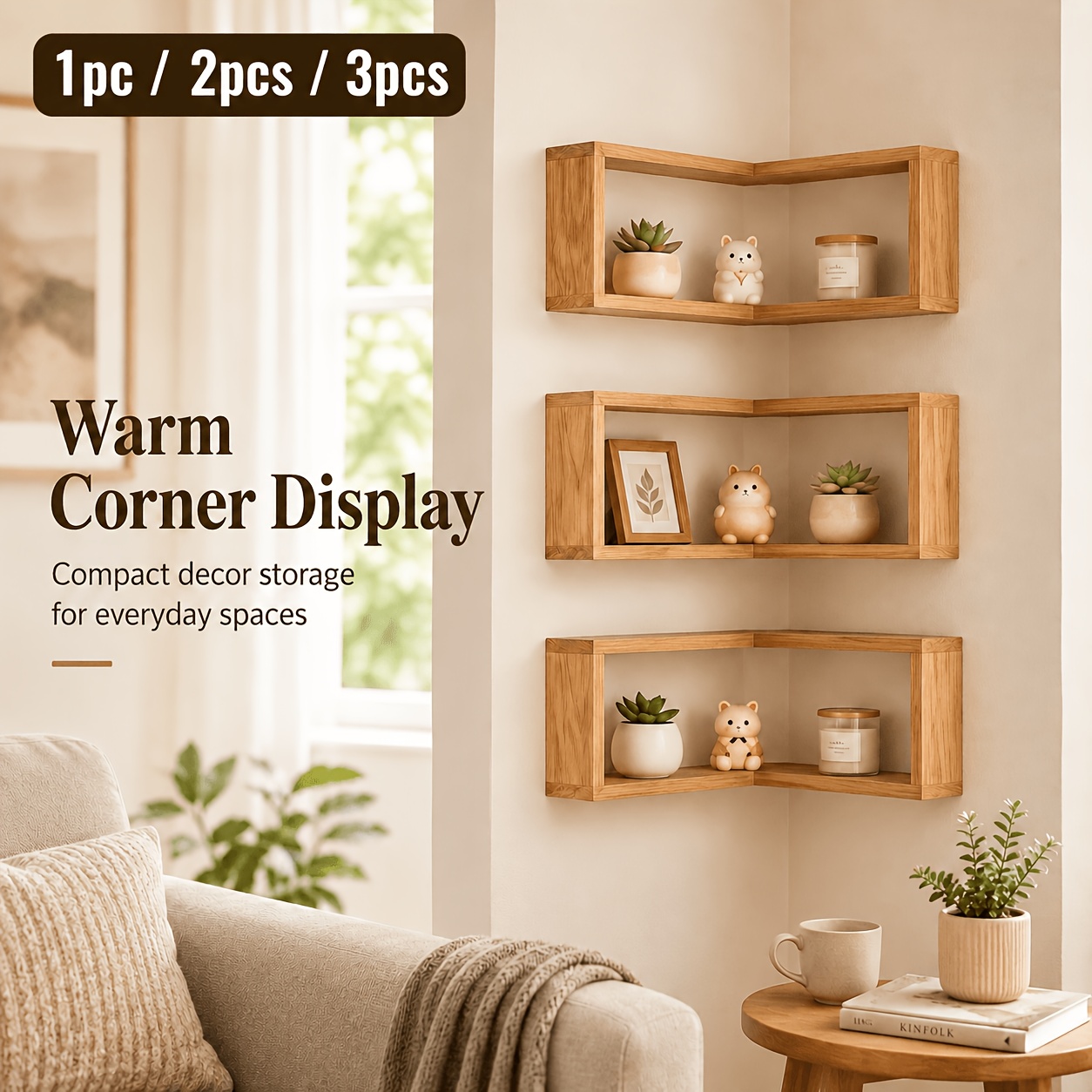 Wooden Corner Wall Shelf Set with Floating Design