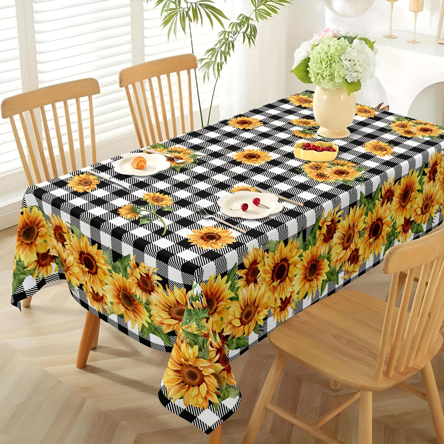 

1pc Tablecloth, Vibrant Sunflower Tablecloth, Summer Autumn Black And White Plaid Table Cover, Waterproof Stain Wrinkle Free Tablecloth, For Home Kitchen, Dining, Party Decoration, Kitchen Accessories