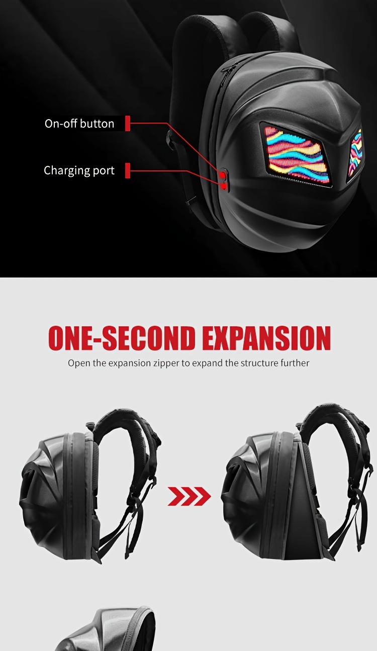 Sac à dos LED lumineux cool pour motards avec casque intégral, offrant une capacité de stockage super large