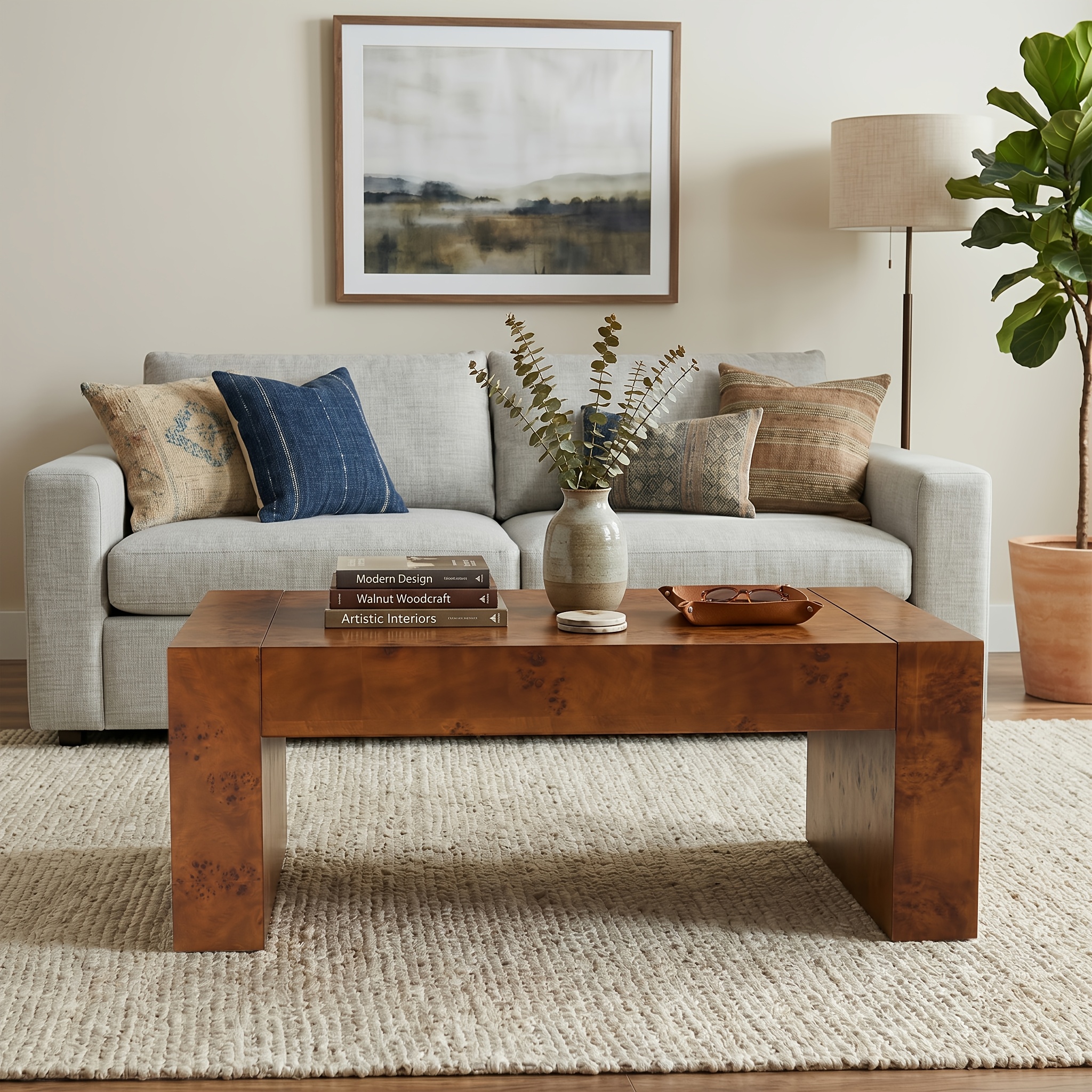 Modern Burl Wood Finish Coffee Table Suitable for Living Spaces, Minimalist Rectangular Center Table with Brushed Block Legs & Density Board Top, Sturdy /Outdoor Furniture for, Balcony, Entryway - Assembly