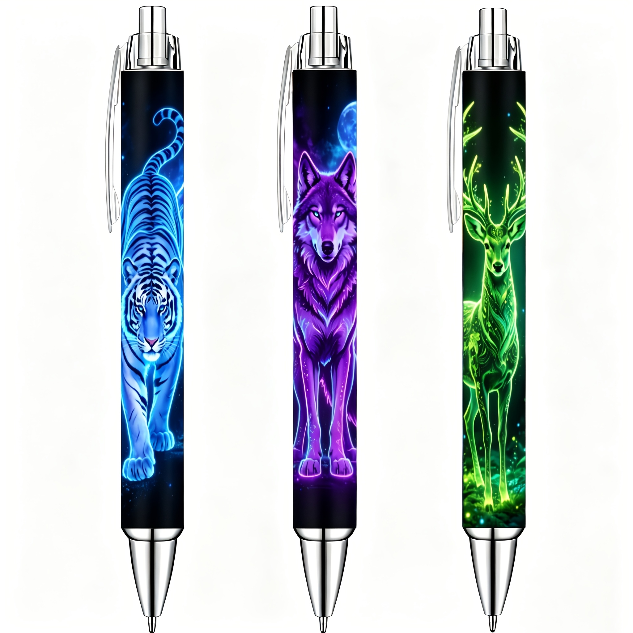 TEMU Set di 3 penne a con motivo Neon Beast, Tigre , design luminosi e cool, penne con clip, cancelleria per ufficio, studenti, unico, come regalo di