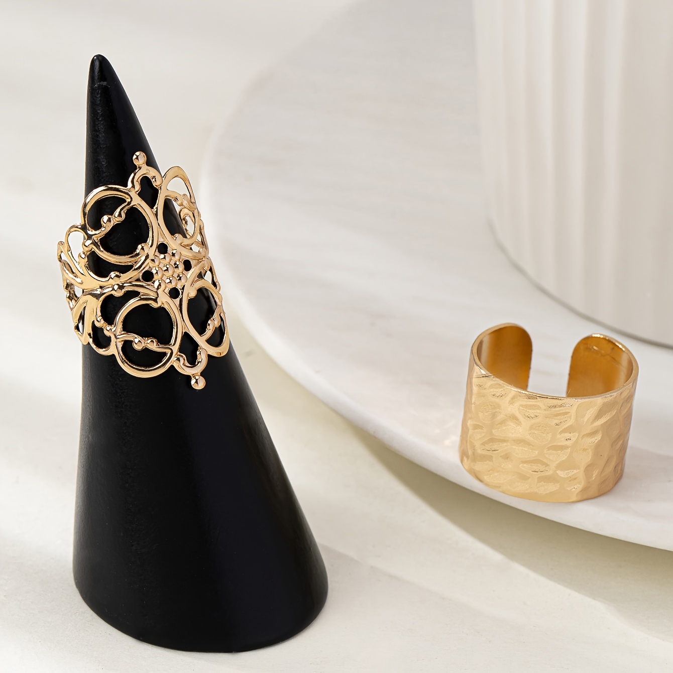 Adjustable Wide Band Ring Vintage Hollow Textured Alloy