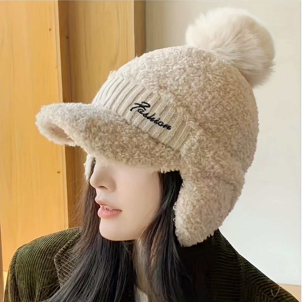 

Winter Plush Cap With Ear Flaps, Women's Polyester Knit Beanie, Warm Fleece Aviator Hat With , Outdoor Headwear For New Year , With Closure - Machine Washable