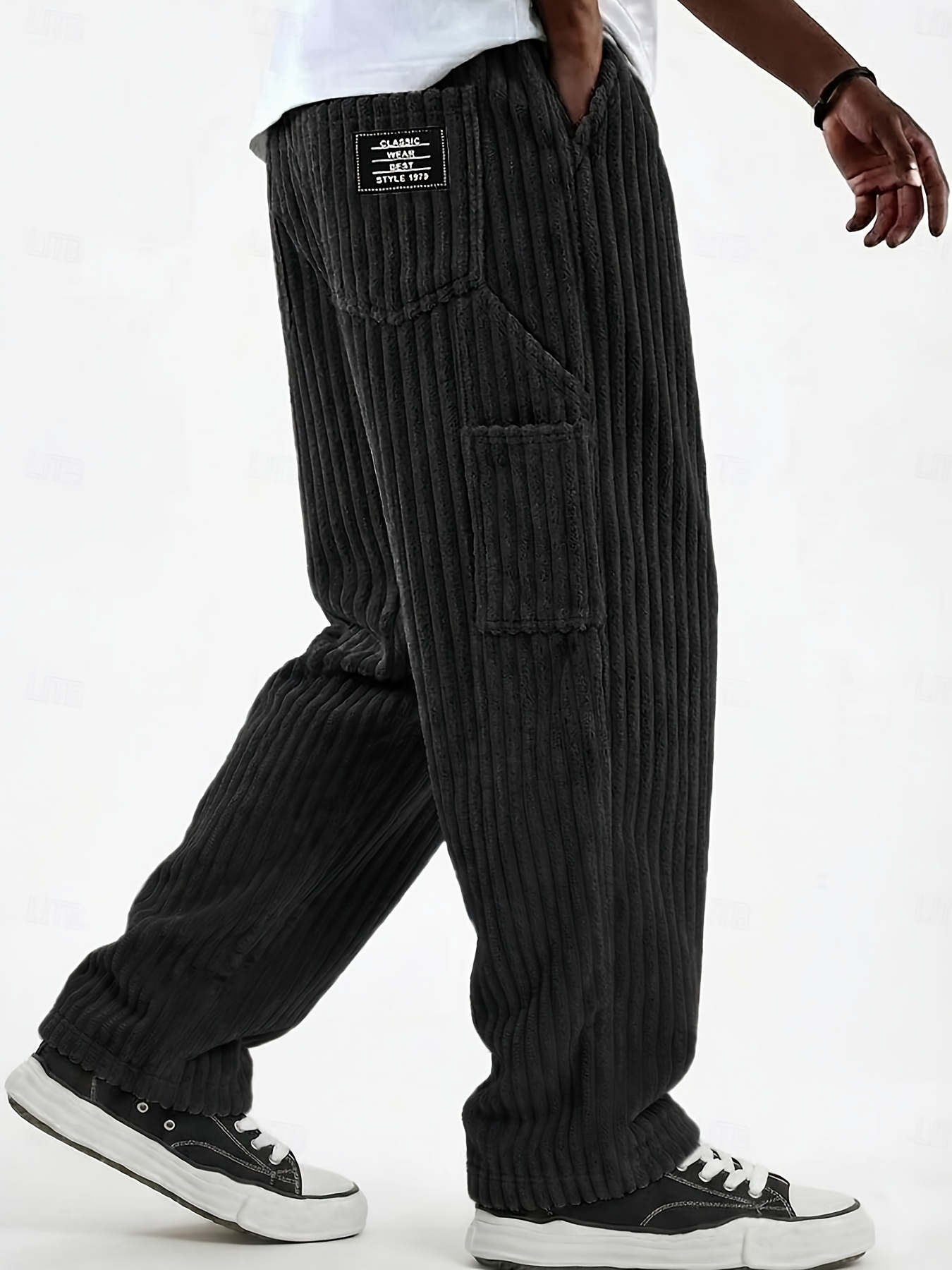 mens corduroy multi pocket drawstring insert pocket casual long trousers