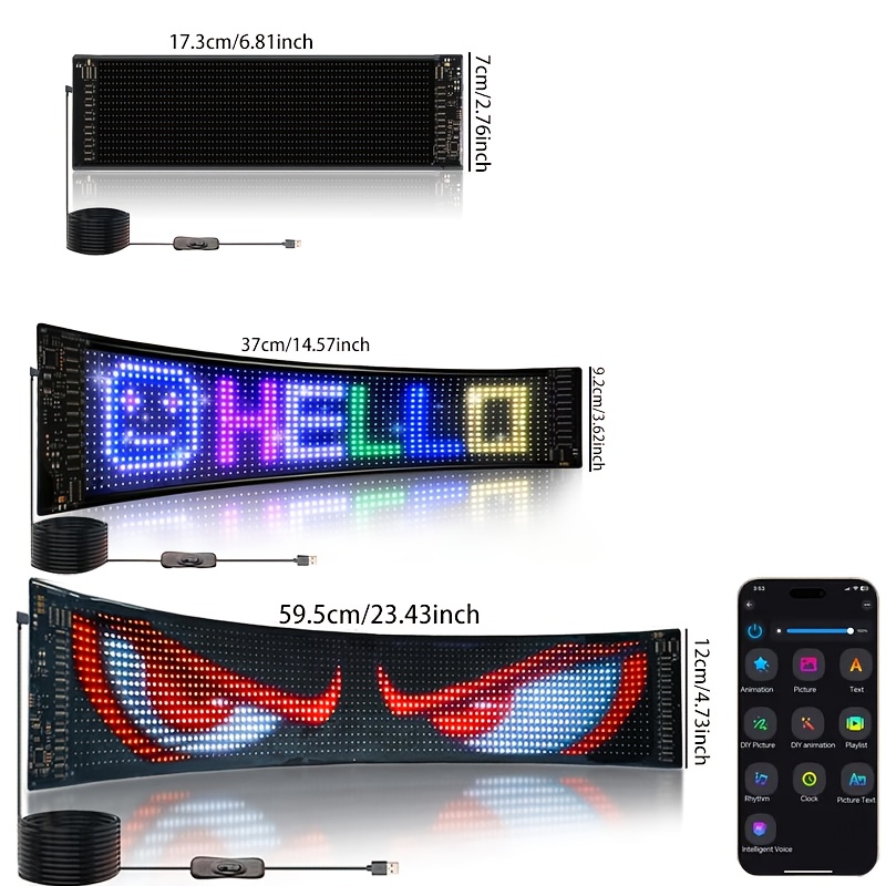 Écran LED Flexible avec Édition Vocale Intelligente, Connectivité Bluetooth pour Animation et Personnalisation de Texte. Alimentation USB - Idéal Décorations Maison/Publicités Magasins Vitre Arrière Voiture & Ambiance Festive