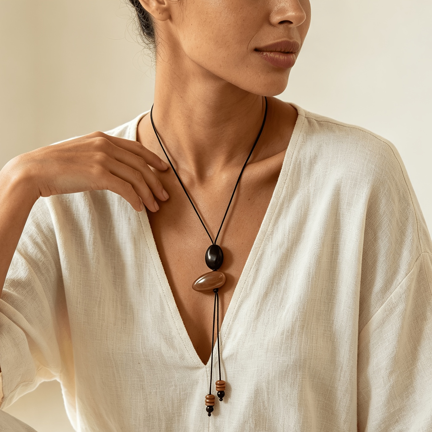 Bohemian Handmade Olive-Shaped Simulated Jade Pendant Necklace