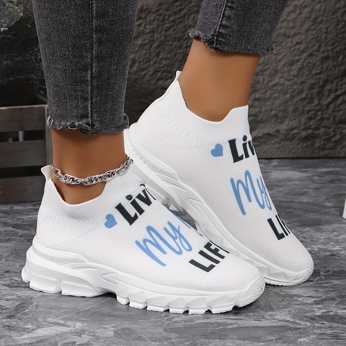 

Women's Casual Knit Sneakers, Letter Breathable Athletic Running Shoes With Chunky Sole, Comfy Slip-on Walking Shoes