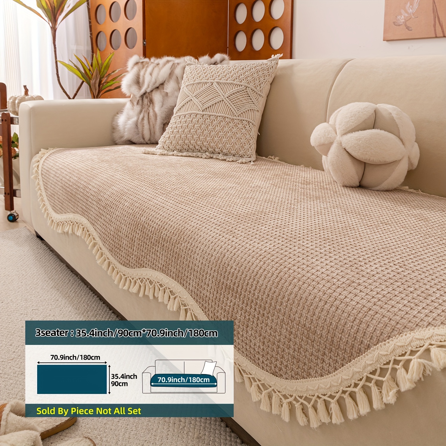 1pc Of Shaped Tassel Short Plush Non-slip Sofa Cover, Pet-friendly Non-slip Sofa Protector, Suitable For 1/2/3/4 Seat Sofas - Decor For