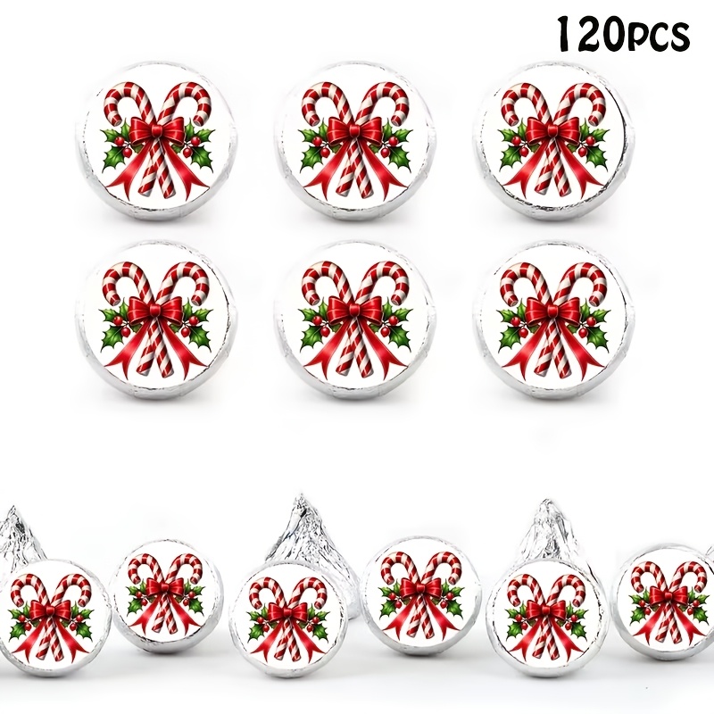 TEMU 120pcs Merry Christmas Chocolate Round Decorative Stickers, Stickers, Candy Cane With Red Bow And Accents, Suitable For Greeting Cards,