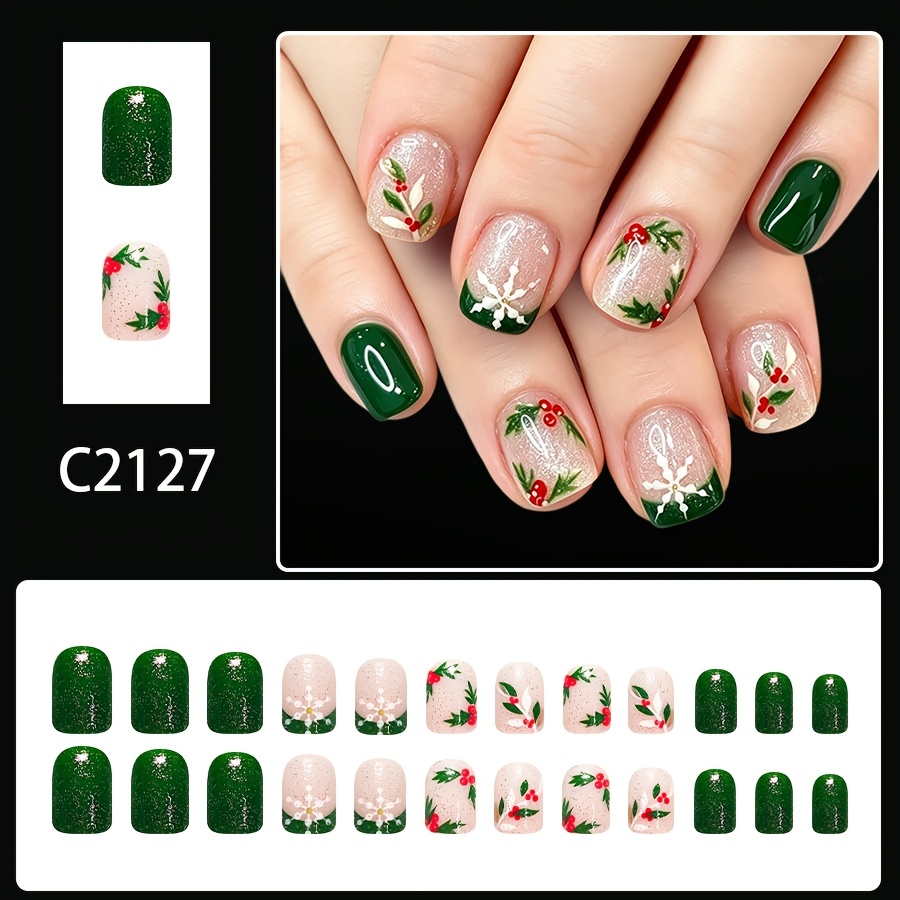 TEMU 24pcs Sheer Thin Shimmer Base French Snowflake Holly Hand-painted Short Square Fake Nails Contrast Glossy End Nail Sheets Removable Nail Sheets