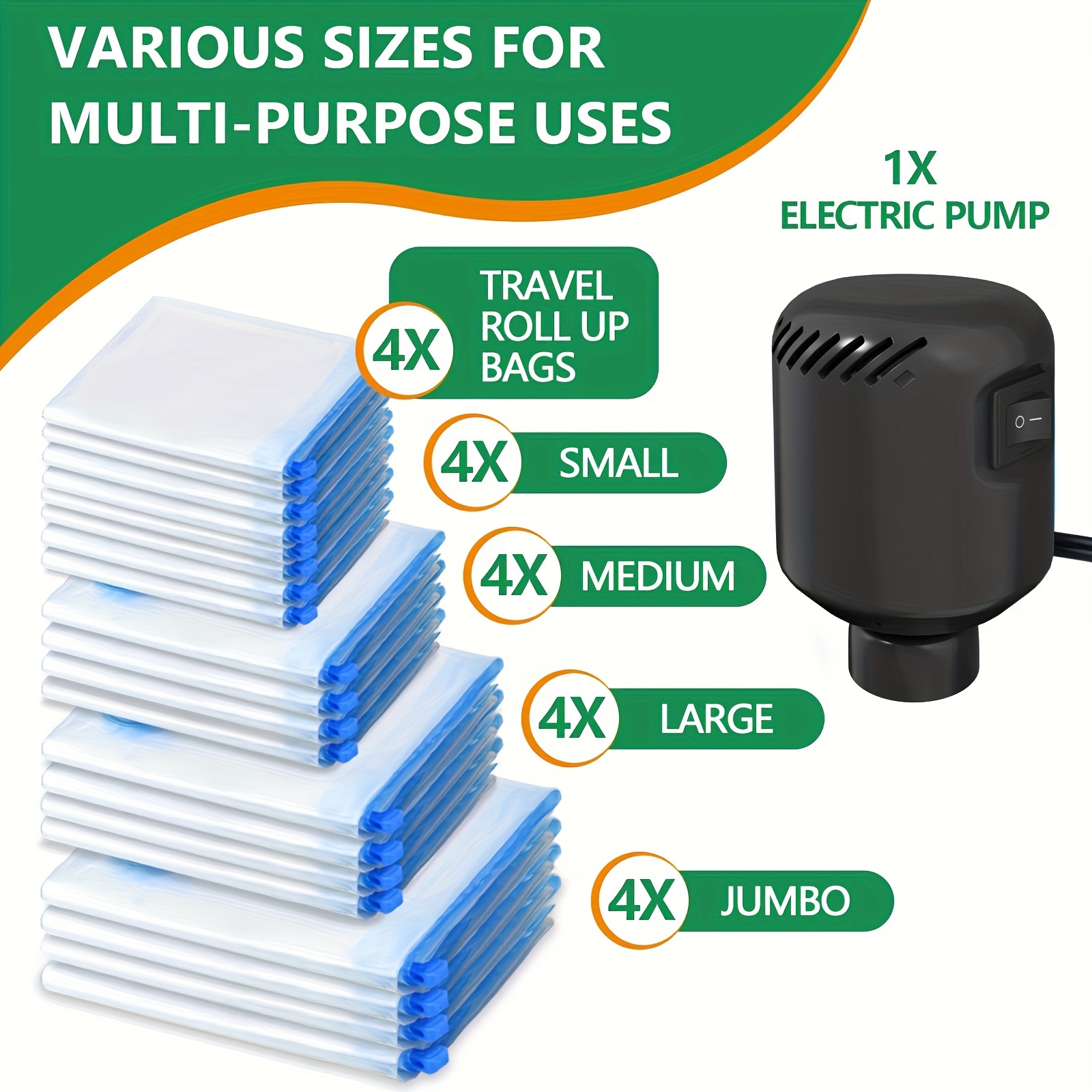 

Vacuum Storage Bag With Electric Pump, Saving 80% Space, Suitable For Clothing, Mattresses, Blankets, Travel, Moving (4 Jumbo, 4 Large, 4 Medium, 4 Small, 4 Roll Up Bags)