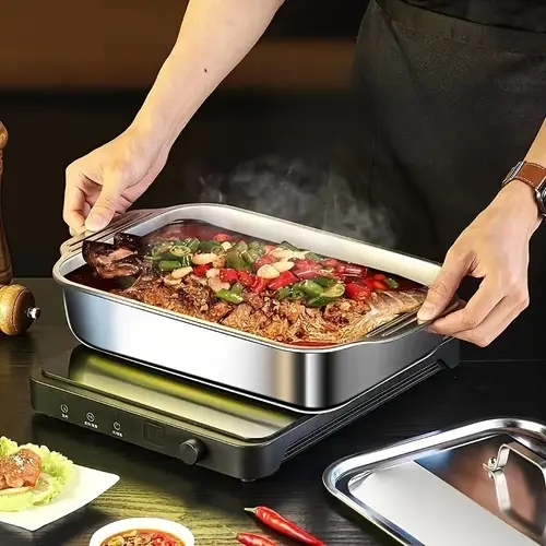 2 3 set stainless steel baking tray with portable lid large capacity suitable for family barbecue bread desserts seafood and buffet camping picnic tray hot pot tray barbecue tray with lid