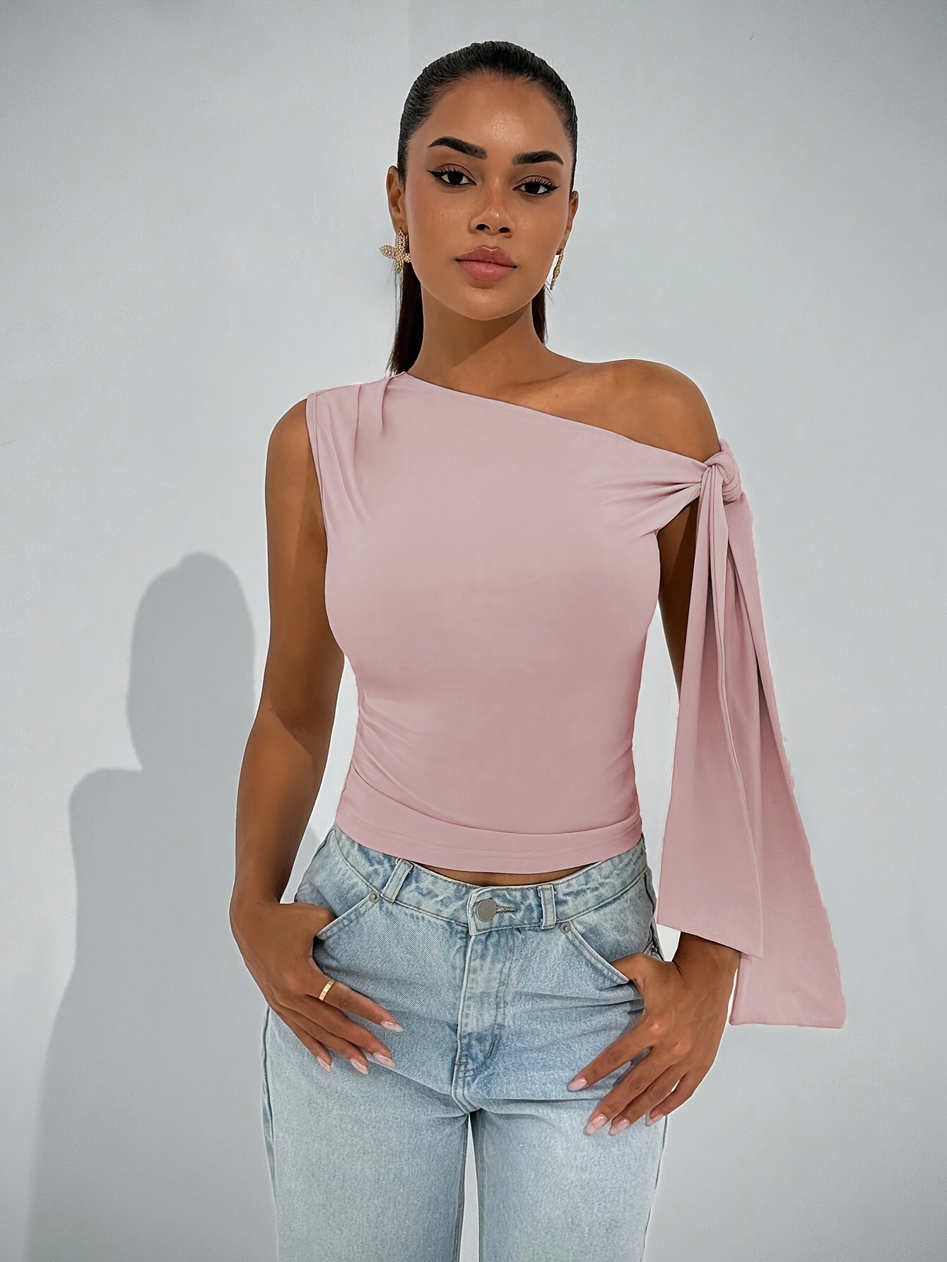 womens t shirt asymmetrical slanted shoulder ribbon fit - Temu