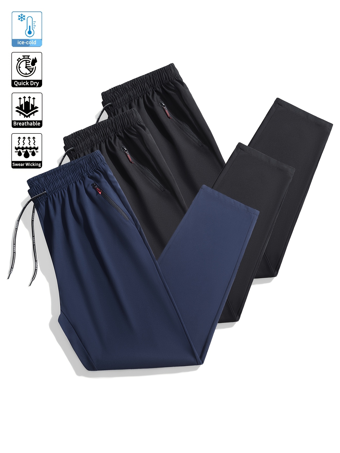 3-Pc Men'S Solid Color Lightweight Athletic Pants with Zipper Pockets, Elastic Waistband, Tapered Design, Men'S Drawstri
