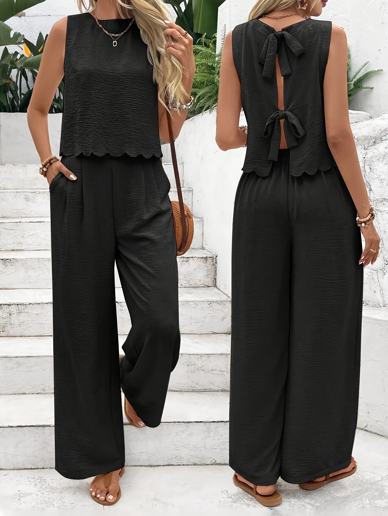 womens solid trimmed waistcoat wide leg pants Temu Pakistan - Main Image