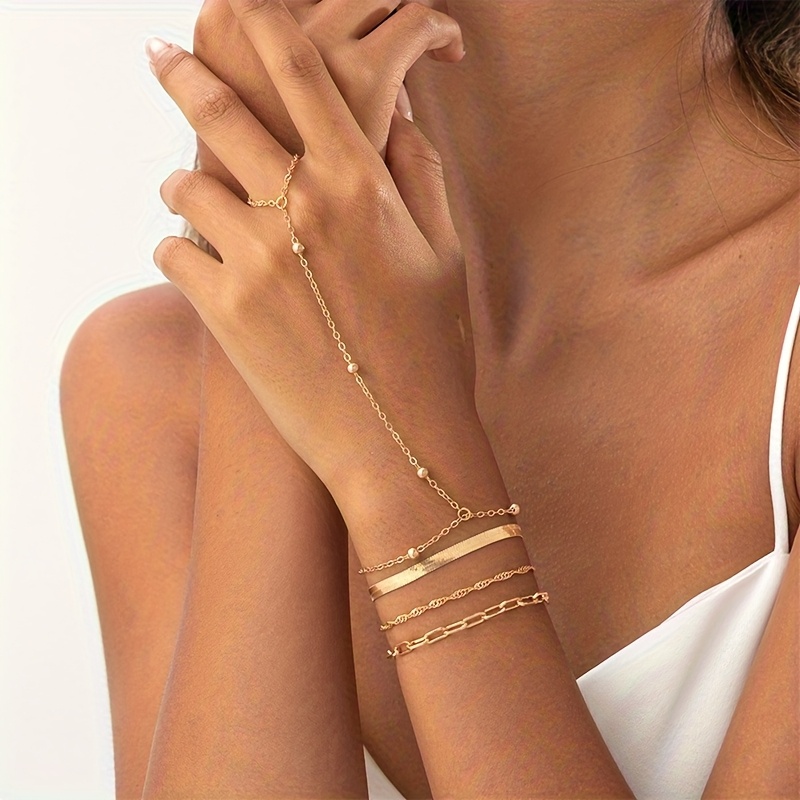 E-shop 4-teiliges/Set Damen Stilvolles und minimalistisches Legierungs-Kettenarmband und Finger-Verbundarmband, elegante und vielseitige Schmuckstücke,