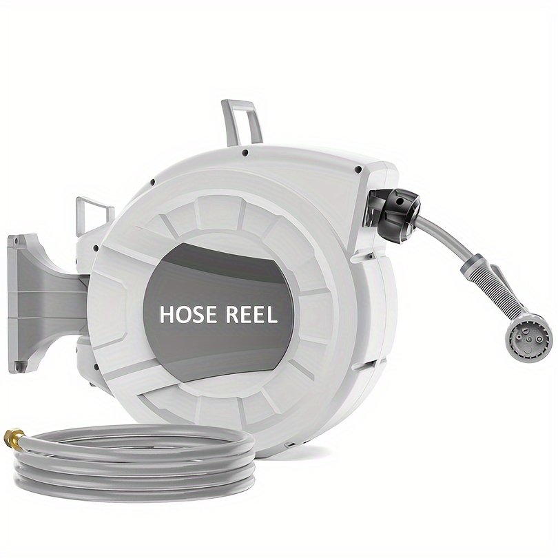 

Retractable Hose Reel, X 100ft Wall Mounted Garden Hose Reel, Heavy Duty Wall Mounted Hose Reel With 10- Pattern Nozzle, Any Length Lock, Slow , Swivel Bracket