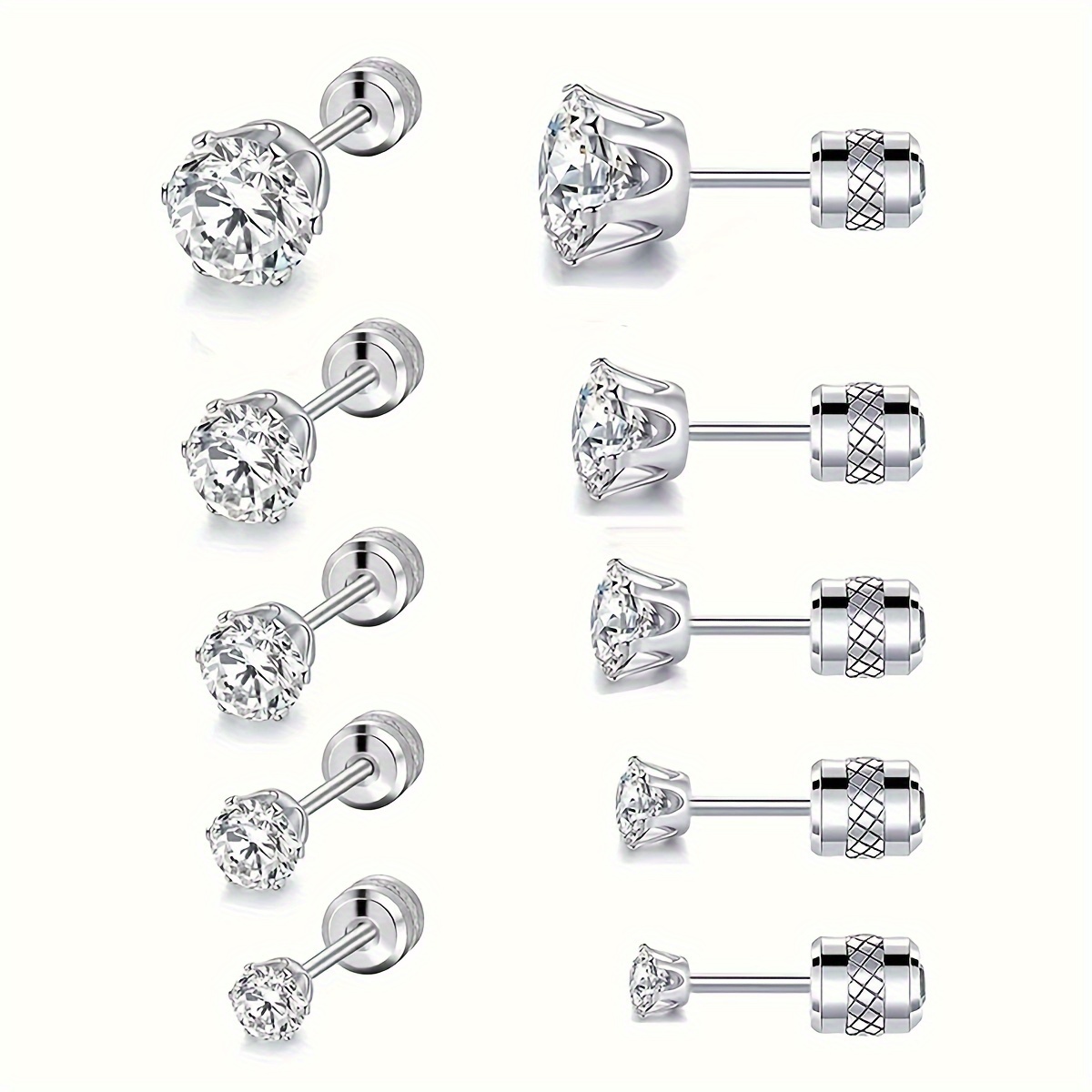 

Set Of 5 Steel Round Synthetic Zirconia Ear Studs With 6 Claws