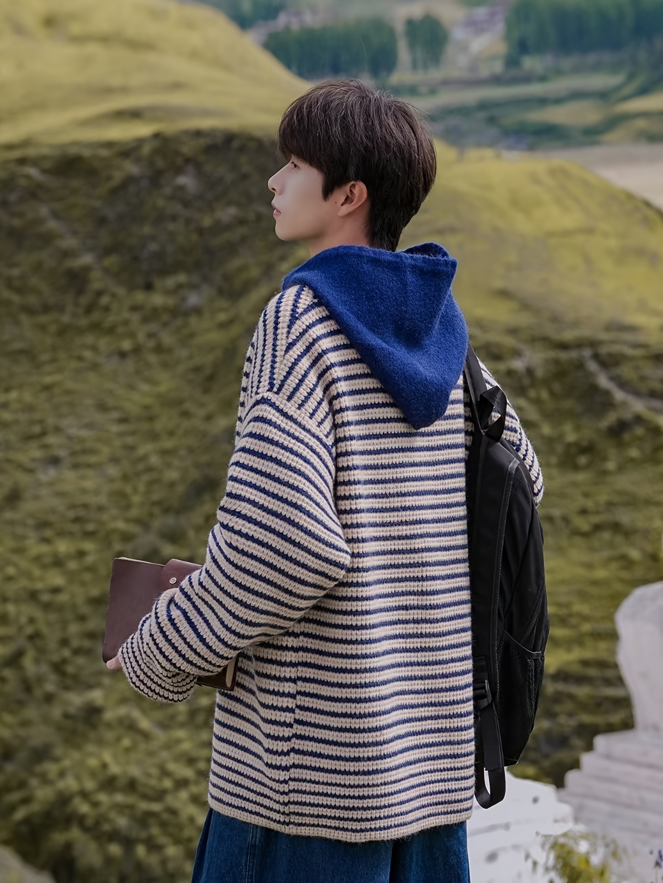 men's casual hooded striped sweater navy blue white vertical