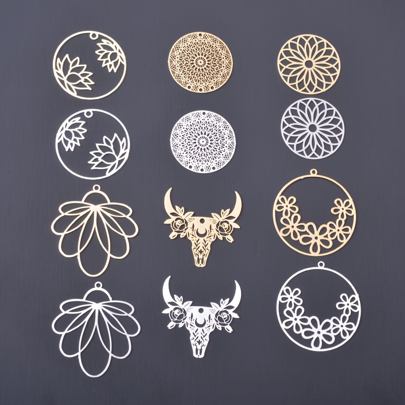 

6pcs Filigree Jewelry Brass Light Golden Lotus Hollow Flower Charms, Dark Silvery Petal Bull Round Connector Charms, Delicate Earrings Making Accessories