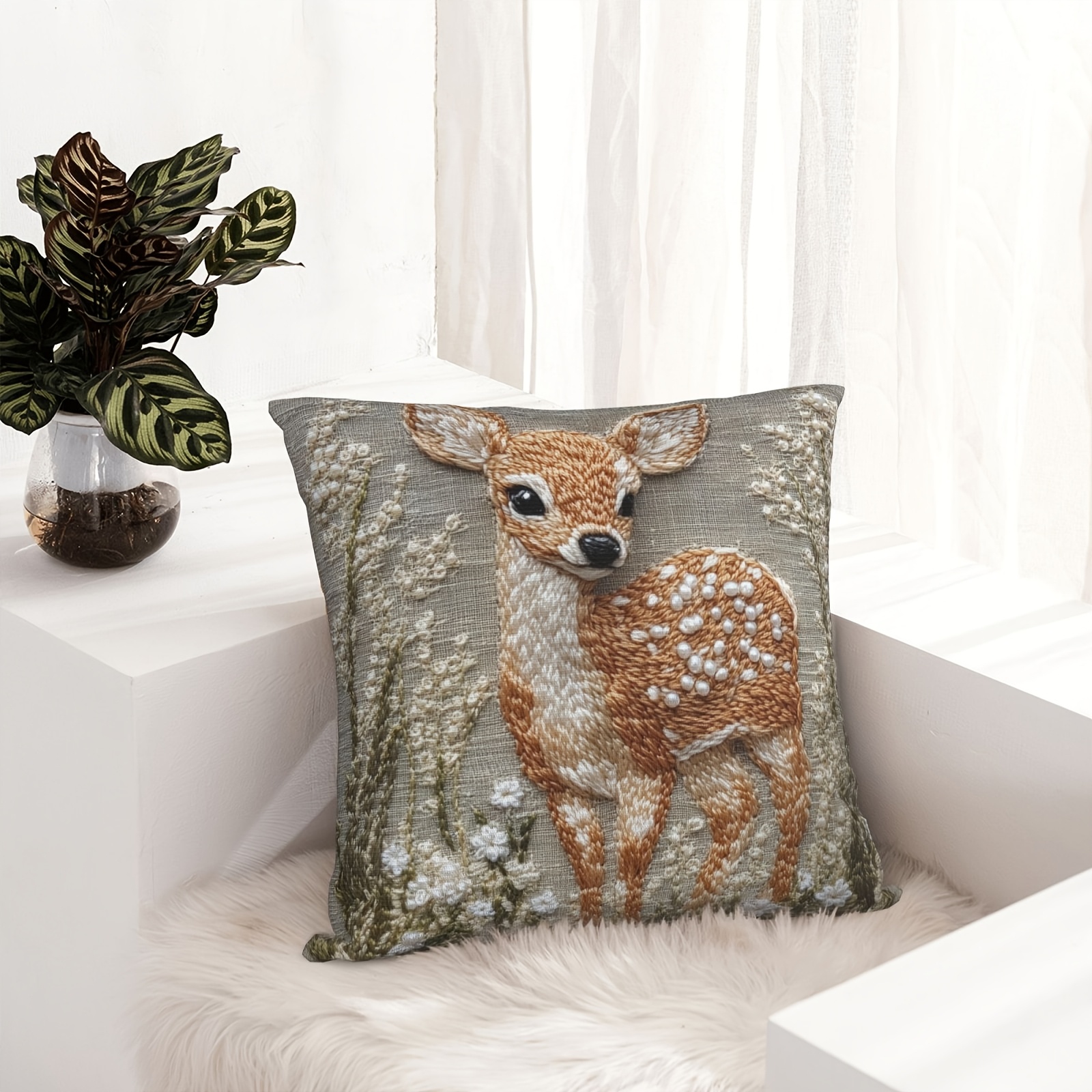 

Deer Embroidery Velvet Throw Pillow Cover 18x18in - Soft, Machine Washable For Woodland-themed Home Decor