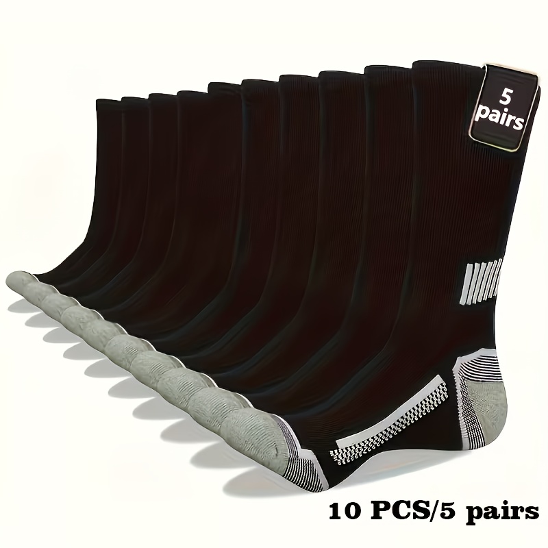 Image of 10pcs (5 Pairs) Men's Autumn/winter Long Tube Socks, Fall Sports Socks, Casual Socks, Classic Solid Color And Striped Design, Suitable For