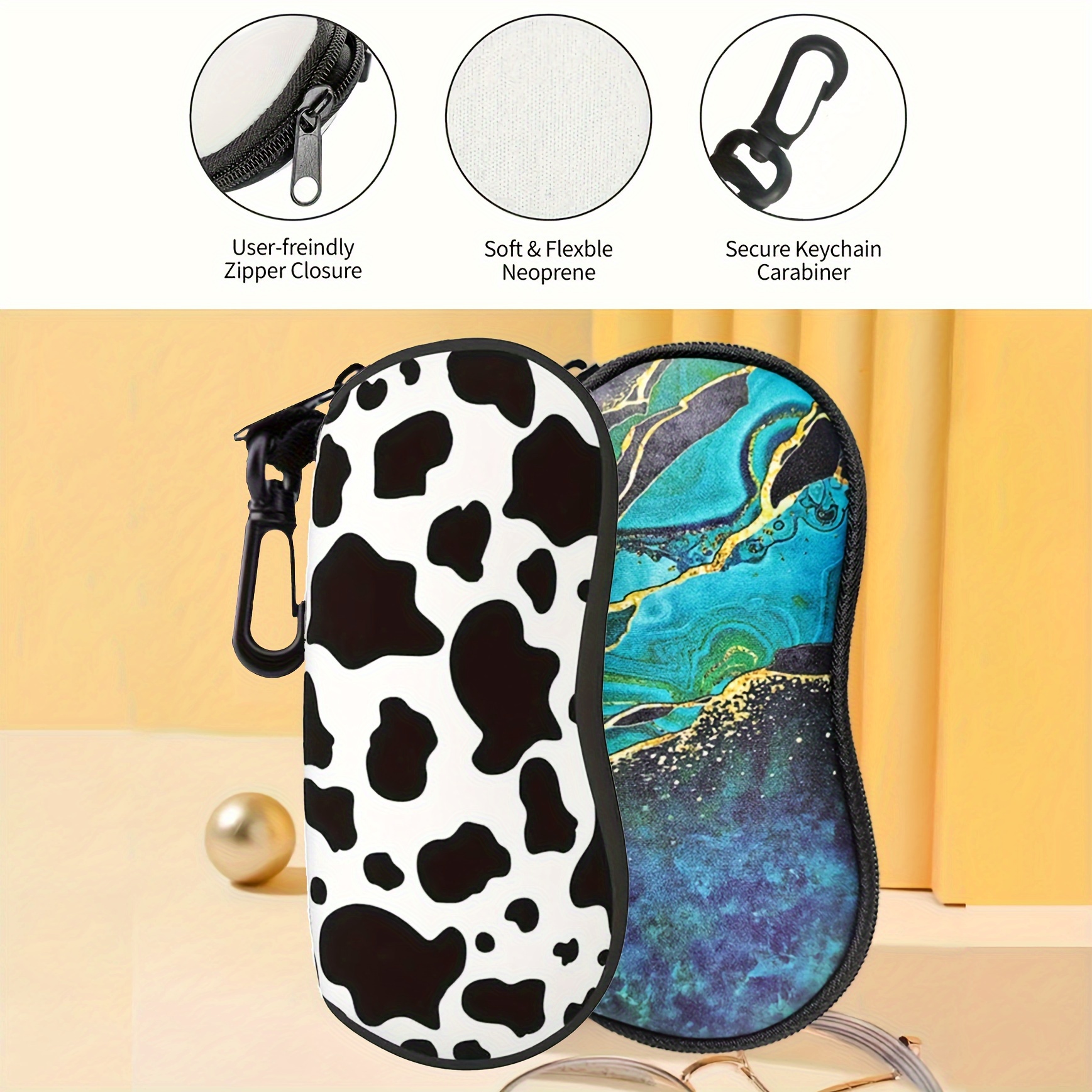 chic cow print   neoprene fashion glasses case waterproof shockproof with zipper clip for easy carry   travel sports details 1