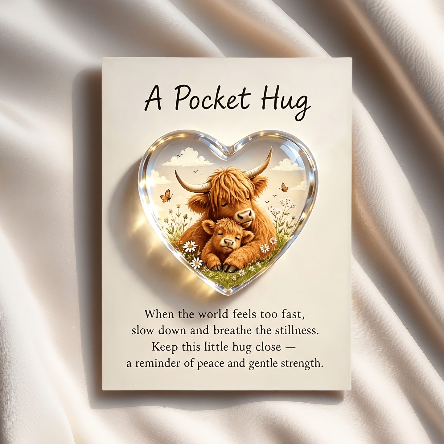 TEMU 2d Heart-shaped Pocket Hug Greeting Card With Highland Cow Figurine, Emotional And Inspirational Greeting Card, Encouragement Card, Hug Token,