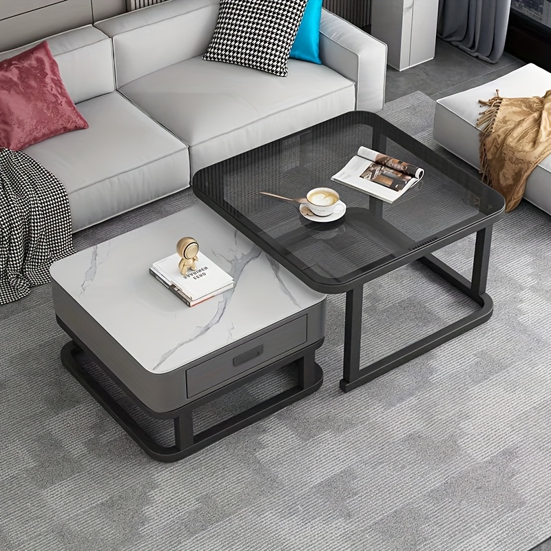 A combination set of a 27.5-inch tempered glass large table and a 23.5-inch slate small table, square coffee table, tea table, suitable for various scenes such as living room, bedroom, courtyard, reception room, etc.