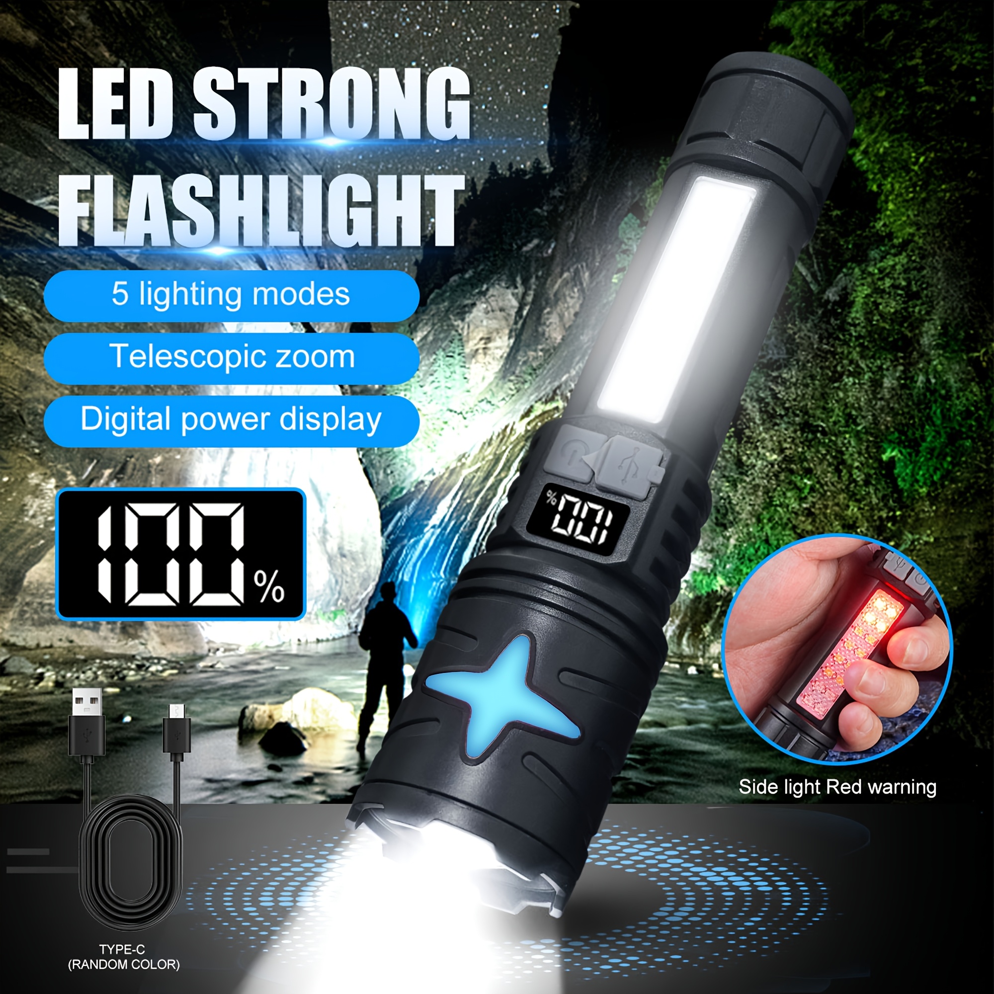 

Ultra-powerful Led Flashlight 5 Lighting With Cob Side Light - Rechargeable Large Capacity Flashlight, Portable Flood Light And 18650 Long- Battery, Bright, , And For Camping Or Qutdoor Activities