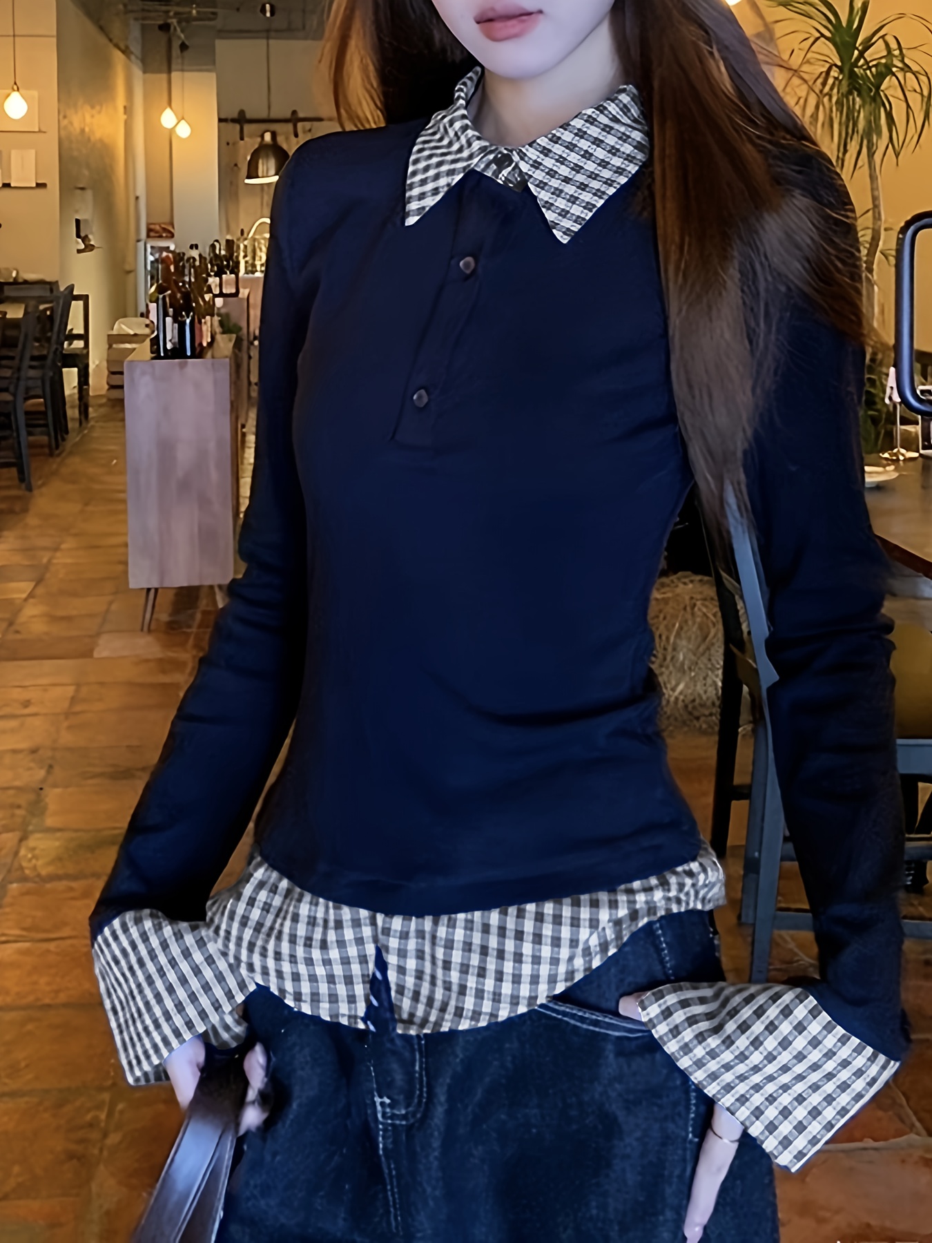 womens stylish classic collar two piece blouse long sleeve button     fit   style for   blue white checkered pattern polyester fabric machine washable navy blue 0