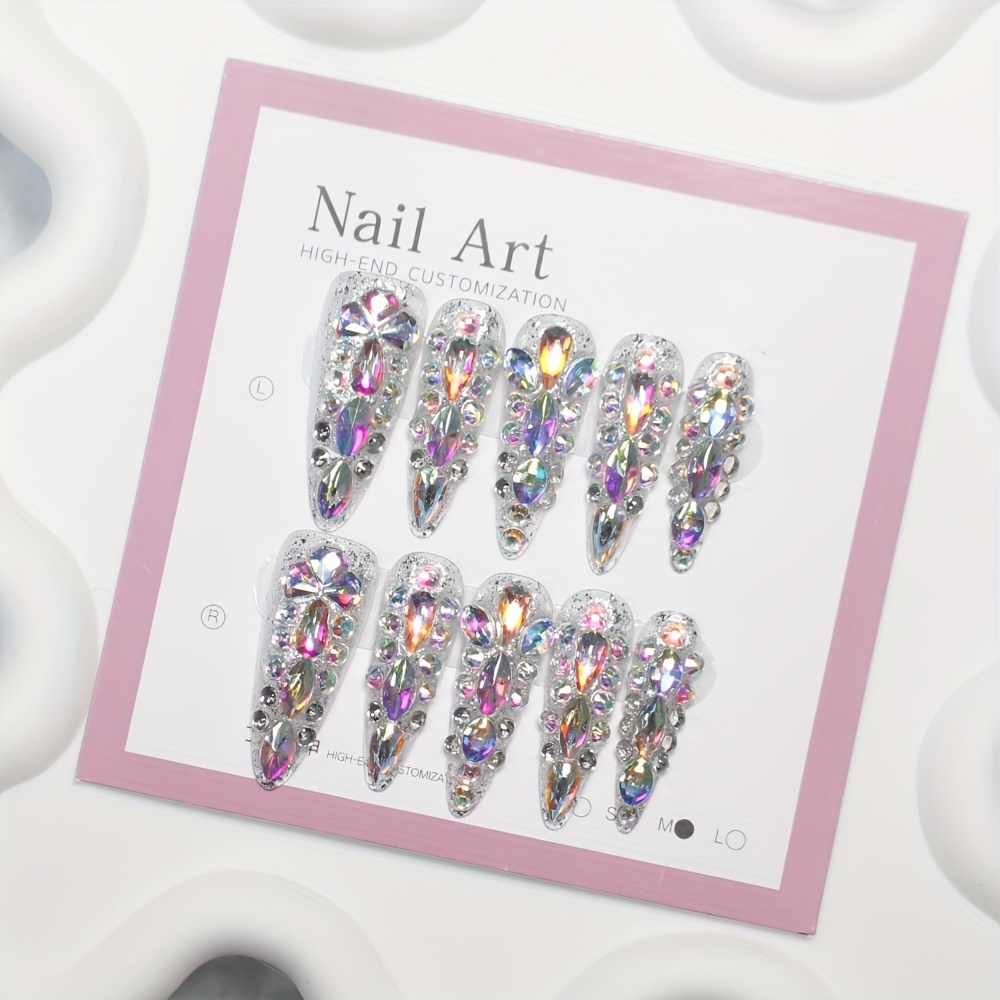 

10-pack Handmade Press-on Nails High Quality Sparkling Diamond Long Droplet Shaped Fake Nails With Super Sparkling Decoration Nails For Girls