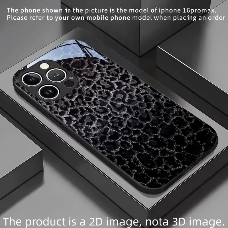 TEMU Phone Case - 2d Flat Cool Plush Leopard Print Tempered Glass Phone Case Black For Iphone 17, 16, 15, 14, 13, 12, 11/17, 11 Pro/17, 11 Pro Max/17