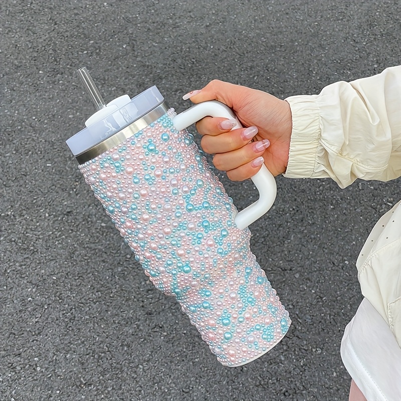 1pc 40oz stainless steel insulated tumbler with handle straw glittery   design   drinks hot or cold portable for car travel running perfect gift for holidays special occasions travel drinkware glittery tumbler insulated construction 8