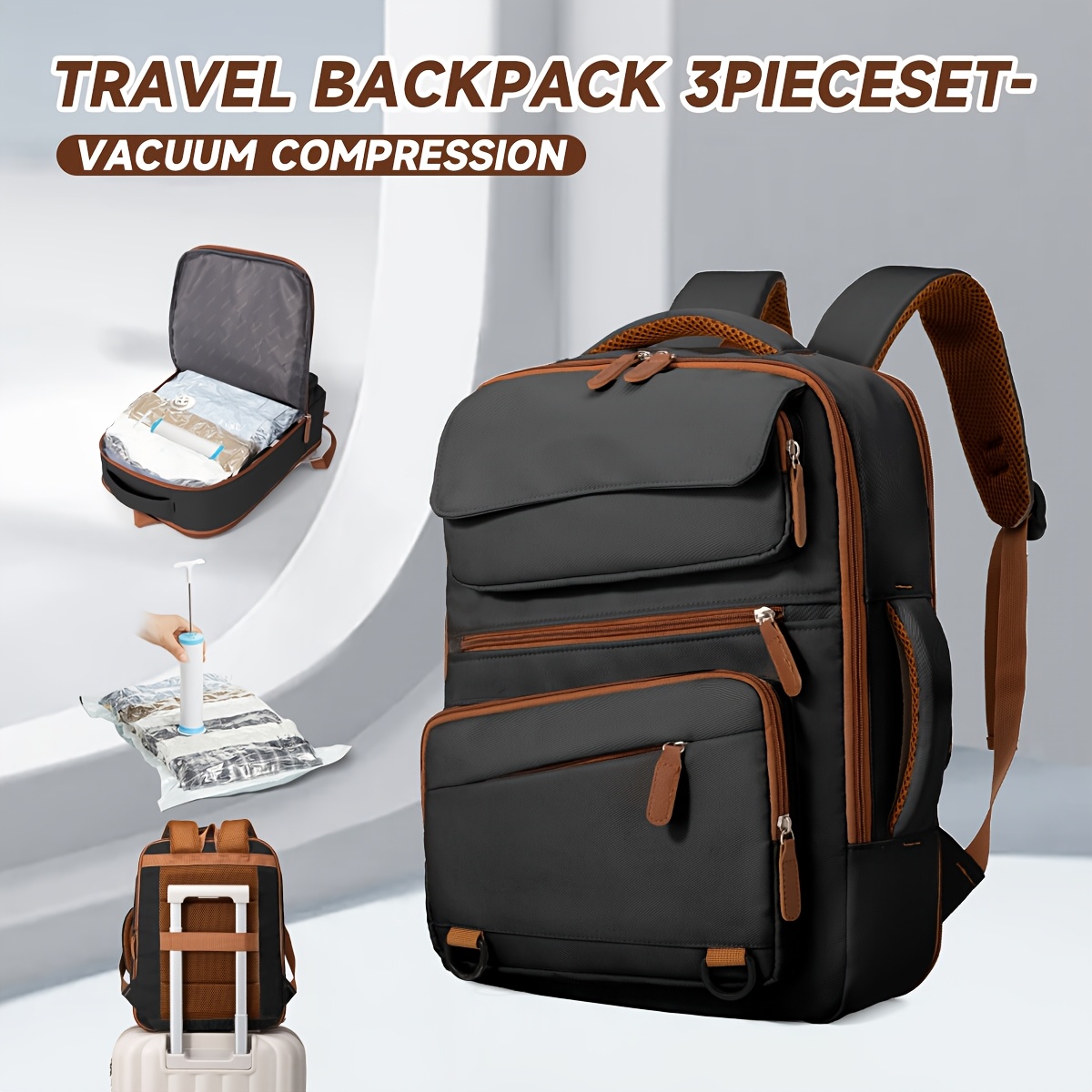 Sac à dos de voyage à compression sous vide pour hommes et femmes, approuvé pour avion | Grande capacité avec compartiment à chaussures et housse pour tige télescopique | Polyester renforcé durable | Idéal pour voyages d'affaires, vacances, campus et usage quotidien