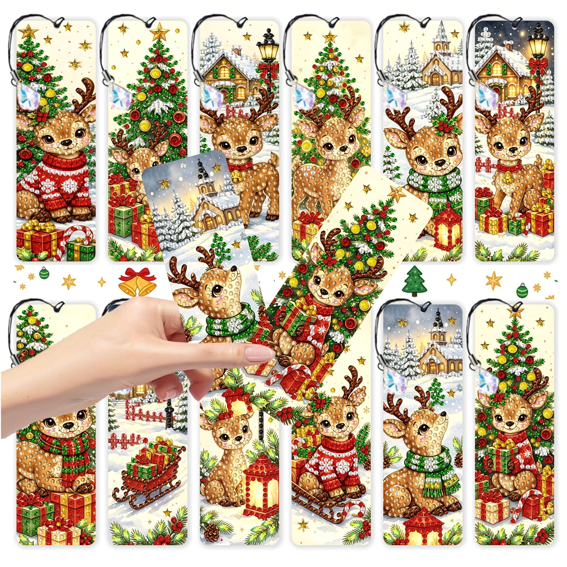 TEMU 12pcs Set Of Christmas Reindeer Diamond Painting Bookmarks, Featuring Christmas Tree, Gift Box, Cottage, , Sleigh, Pine Branches And Berries As