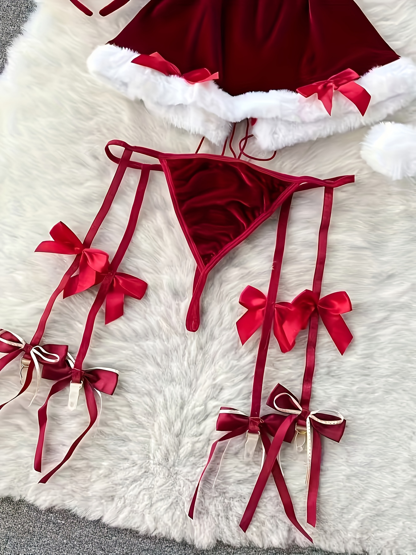 womens   santa claus costume elegant red lingerie set with   collar elastic waistband bow detail   christmas parties santa claus costume for women christmas party outfit festive attire   design Product details 3