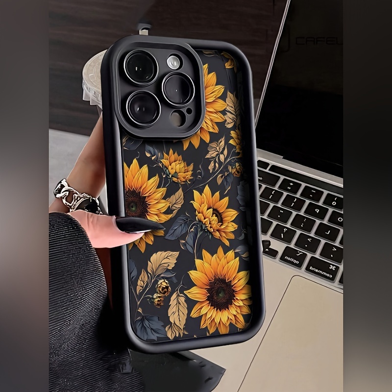 

Sunflower Pattern Tpu Phone Case For Apple - Shockproof Black Protective Cover With Floral Design Compatible With Iphone