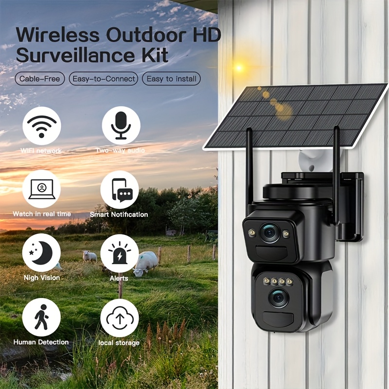 TEMU Caméra de sécurité solaire, caméra fil, double objectif vue à 360°, vision en couleur, détection PIR, suivi automatique, fonction d'alarme, WiFi