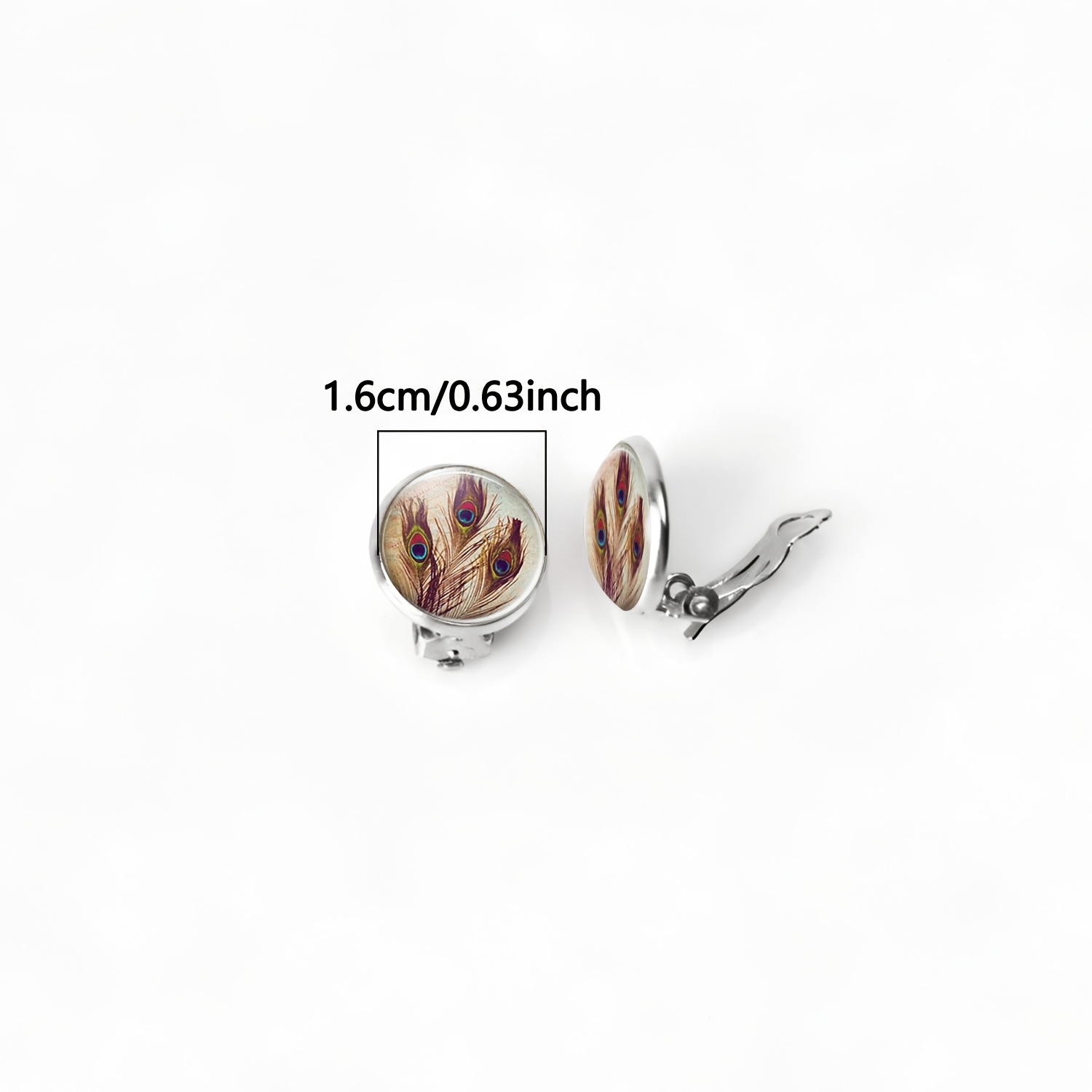 Women's No-Piercing Round Glass-Faced Earrings, Peacock Design