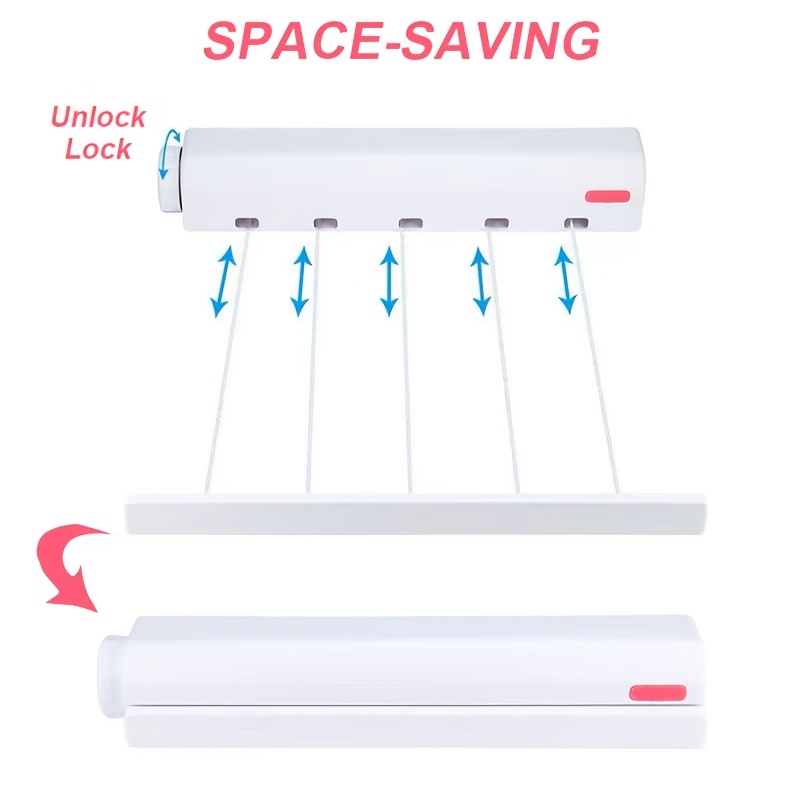 1 retractable clothes drying rack space saving retractable clothes drying rack with 4   wall mounted   plastic   towel bar and hooks portable plastic laundry hanging rod with wall mount for home use drying racks details 1