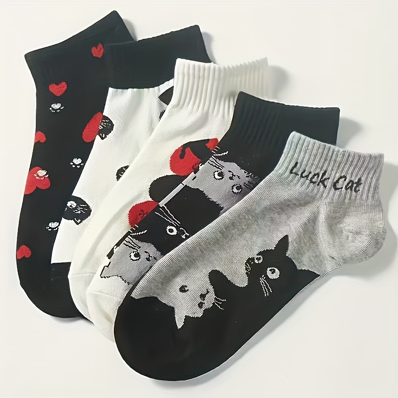 TEMU Lot de 5 paires de chaussettes courtes pour femme, printemps/été, à imprimé dessin animé cœur et chat, style tendance et polyvalent, mignonnes