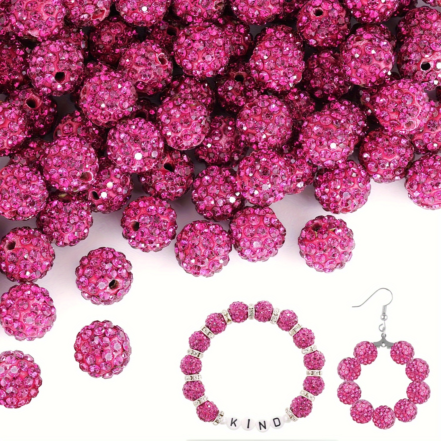 

100pcs 10mm Shamballa Disco Ball Beads, Rhinestone-filled Plastic Craft Beads, Shiny Crystal Clay Spacer Beads For Jewelry Making, Necklace, Earrings & Diy Decorations - Fuchsia